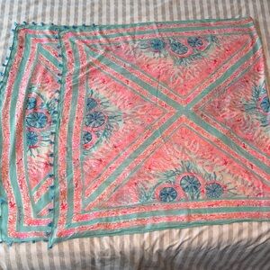 Lilly Pulitzer Scarf Big Wrap XL Pink Blue Seashell Coral Tassels Cotton